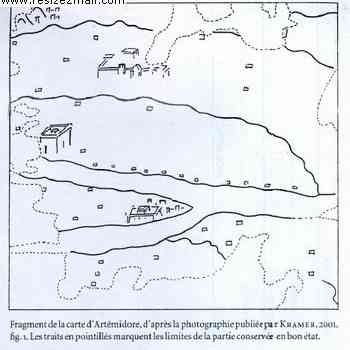 Click para ampliar. Pulsa en el nombre para ver la ficha. Papiro Artemidoro 10 - Esquema mapa según P. Moret 2003